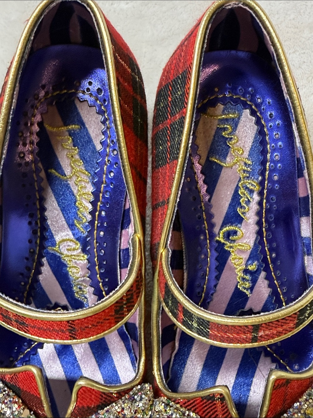 Irregular Choice "Piccolo" Red Tartan Mid Heels w/ Glitter Bows & Hilda Sole 9 - Picture 7 of 12